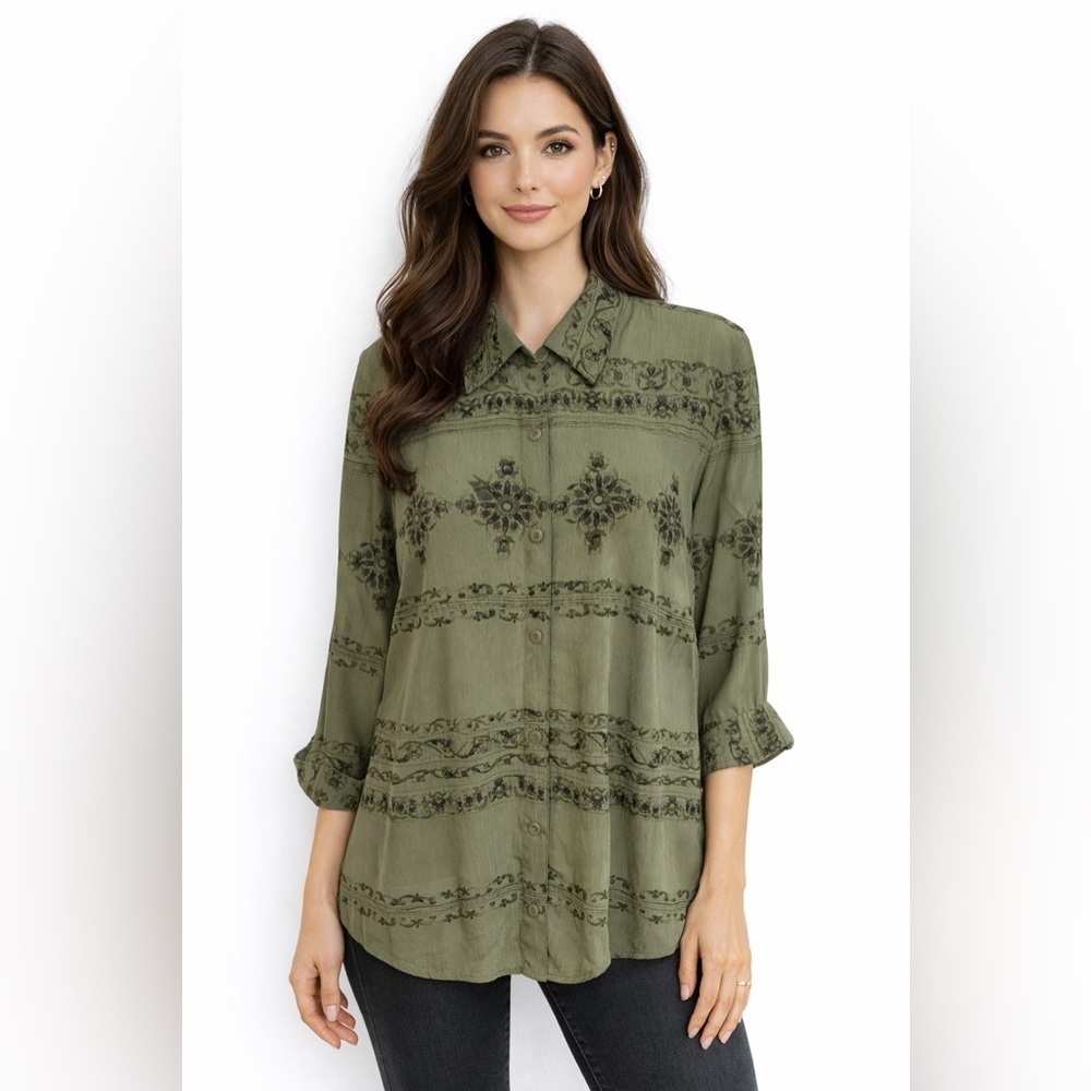 Norton Mcnaughton Women’s Green Blouse Size 1X Cuffed Sleeve 1/2 Length